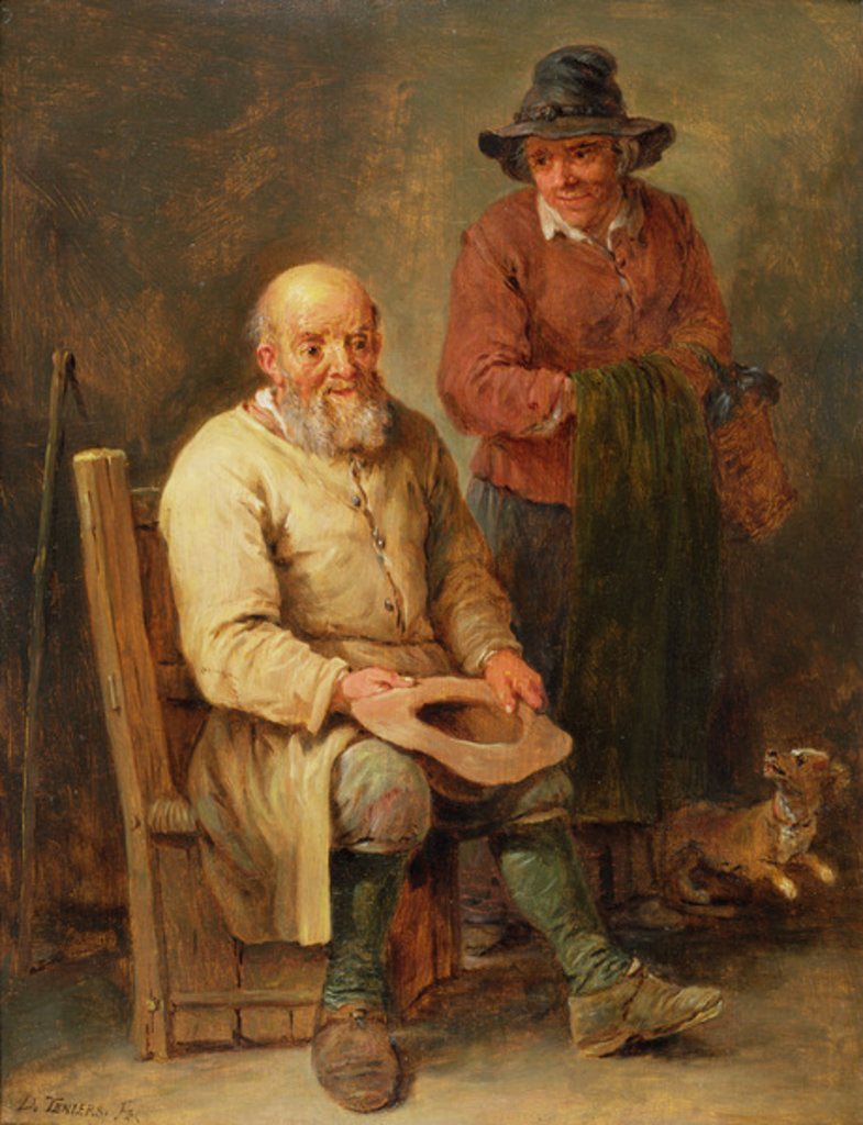 Detail of A man seated with a woman by his side and a dog at their feet, 17th century by David the Younger Teniers