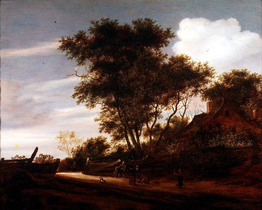 Detail of Wooded landscape with children playing on the road by a cottage, 1658 by Salomon van Ruisdael or Ruysdael