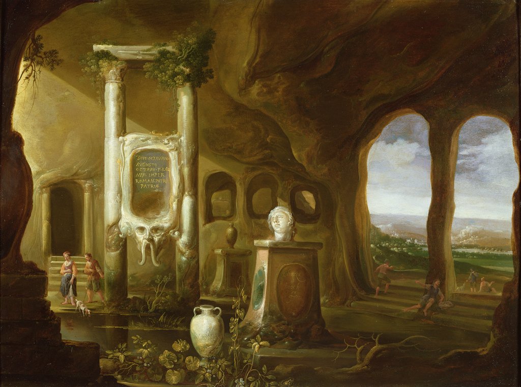 Detail of A monument to Augustus, in a grotto with figures, 17th century by Charles-Cornelisz de Hooch
