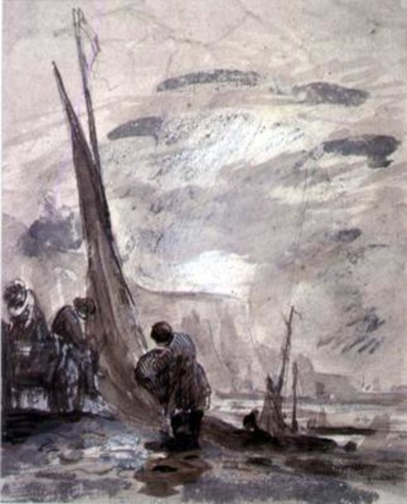 Detail of Figures with Cart and Boats on the shore, near cliffs, 19th century by William Collins