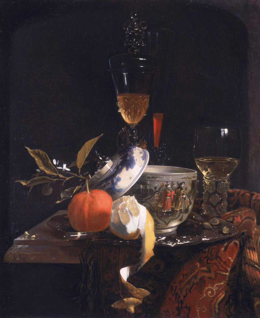 Detail of Still Life with Chinese Sugar Jar, Glass Goblet and Fruit by Willem Kalf