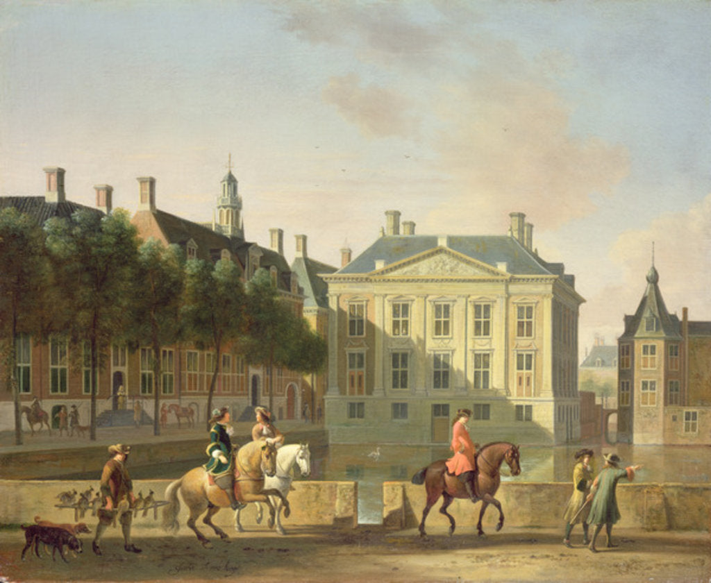 Detail of The Mauritshuis from the Langevijverburg, the Hague, with hawking party in the foreground by Gerrit Adriaensz Berckheyde