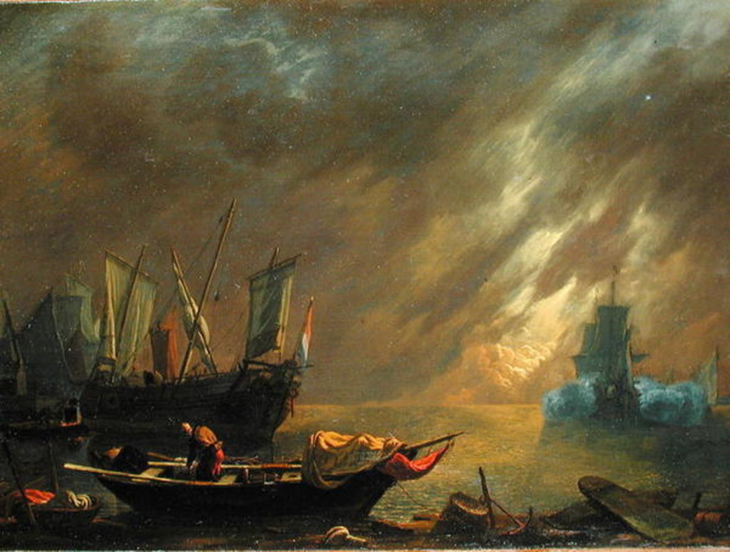 Detail of View of a Harbour at Sunset by Lieve Verschuier