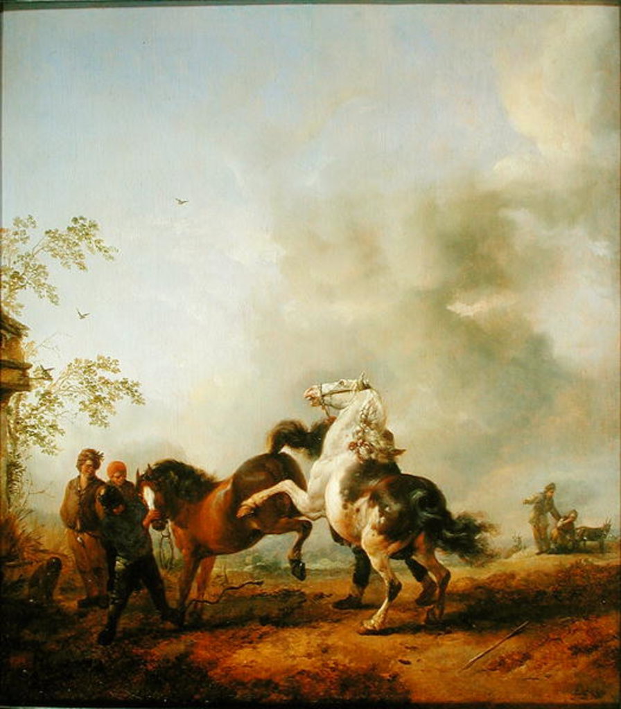 Detail of A mare and a stallion in front of a house by Philips Wouwermans or Wouwerman