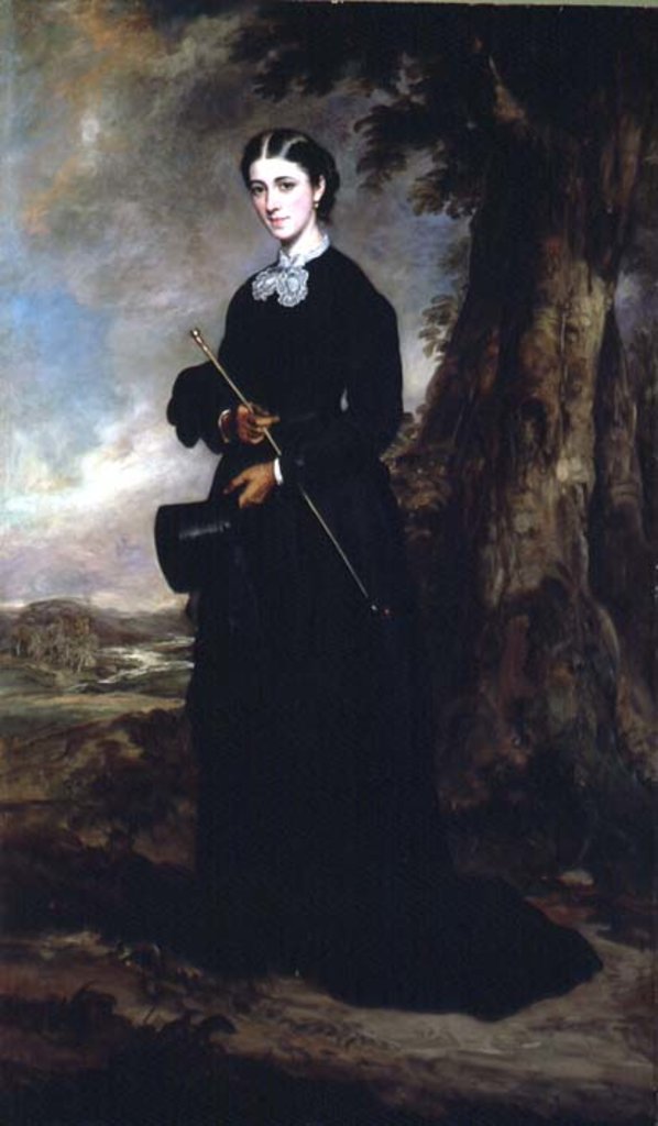 Detail of Young woman wearing a black riding habit and standing in a landscape by Francis Grant