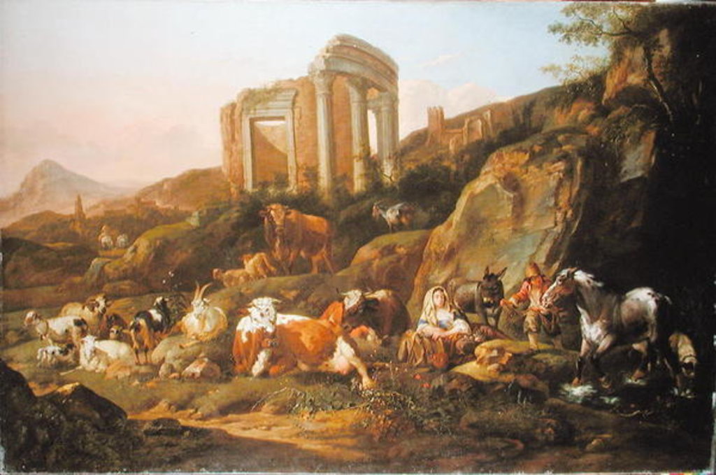 Detail of Farm animals in a Classical landscape, 1684 by Johann Heinrich Roos