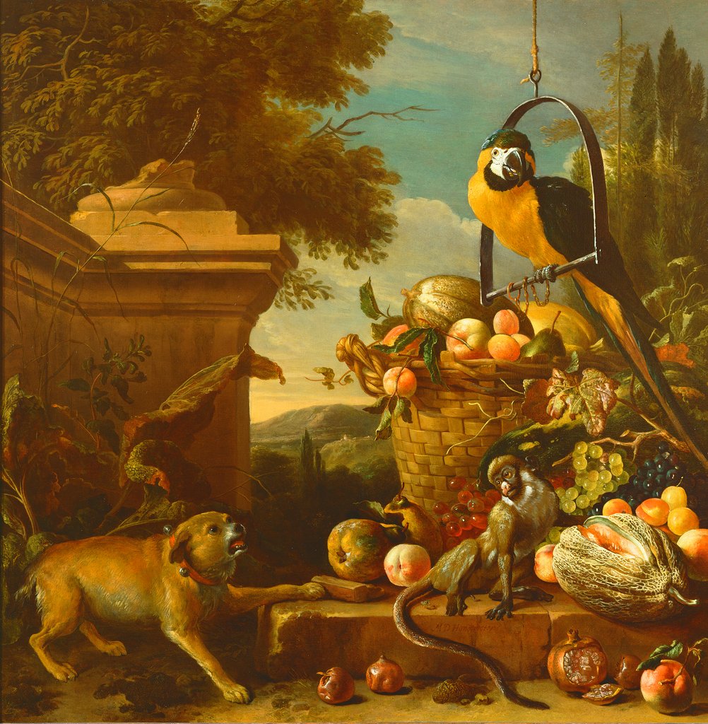 Detail of Macaw and a monkey by Melchior de Hondecoeter