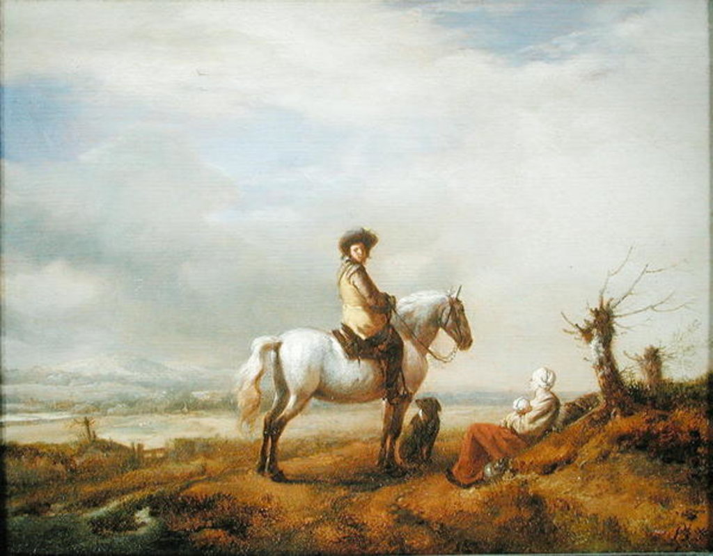 Detail of Man on a horse with a woman and child by Philips Wouwermans or Wouwerman