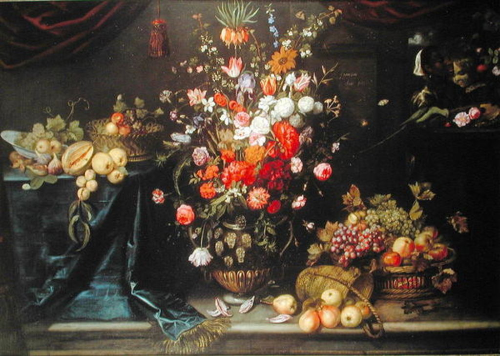 Detail of A still life of summer flowers in a sculpted urn by Frans Ykens