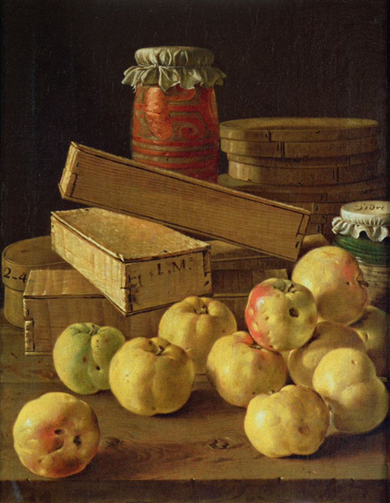 Detail of Still life with apples, pots of jam and boxes of cake by Luis Egidio Menendez or Melendez