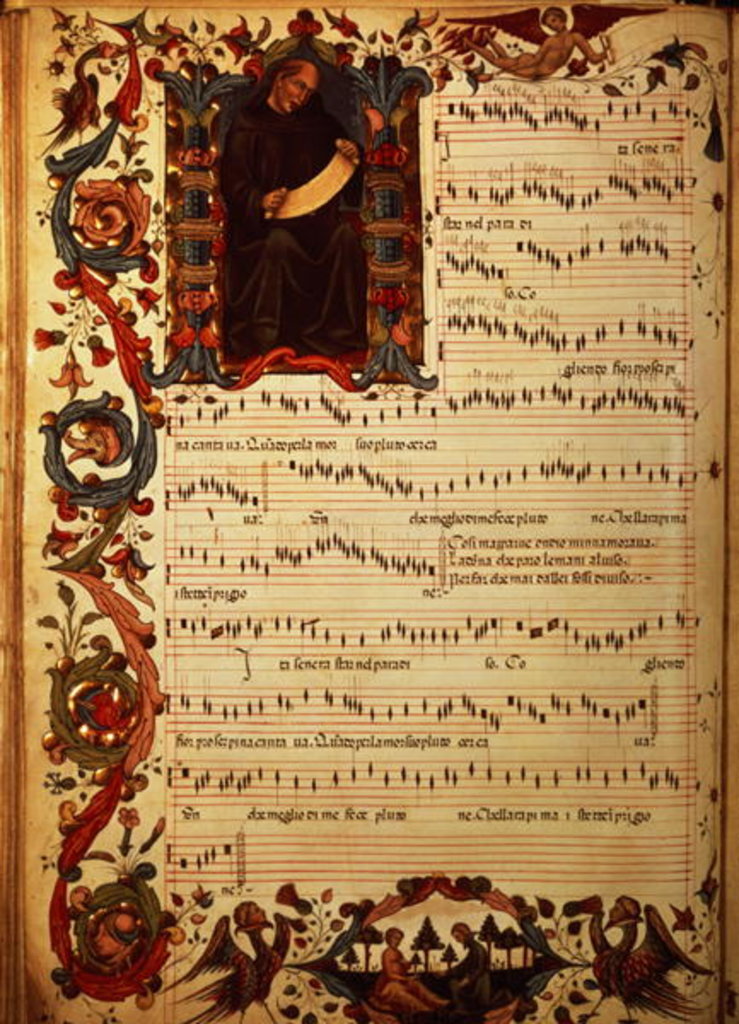 Detail of Ms Med. Pal. 87 Page of Musical Notation with historiated initial by Italian School