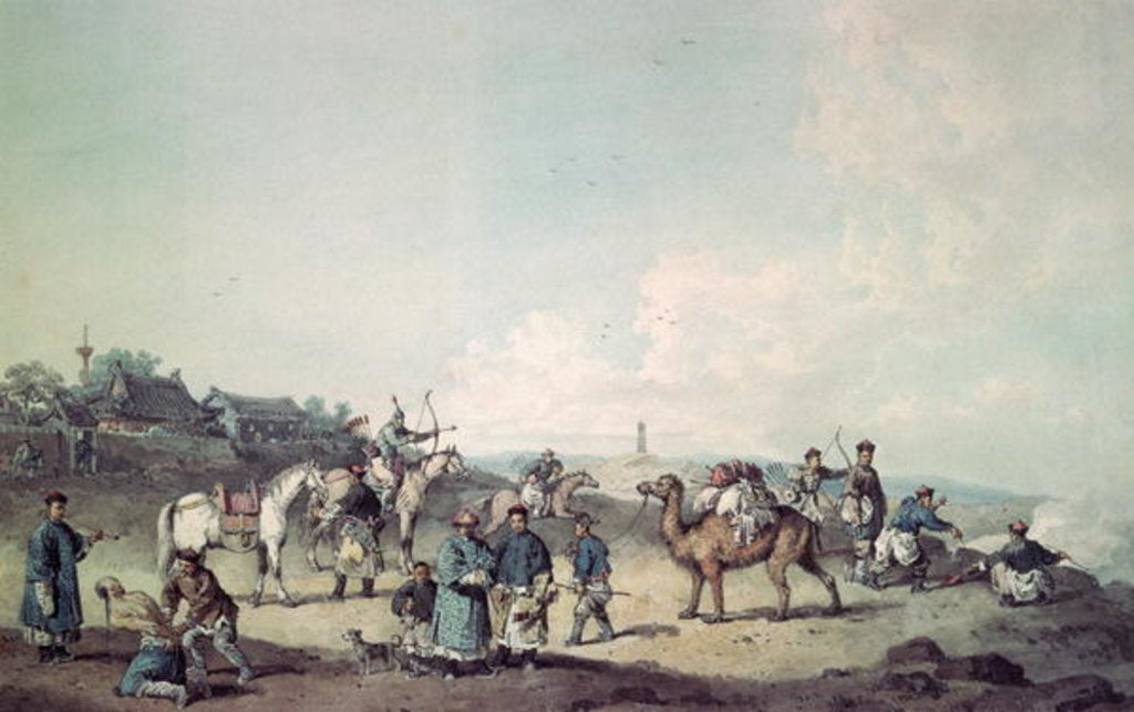 Detail of Chinese soldiers exercising outside the walls of a city by William Alexander