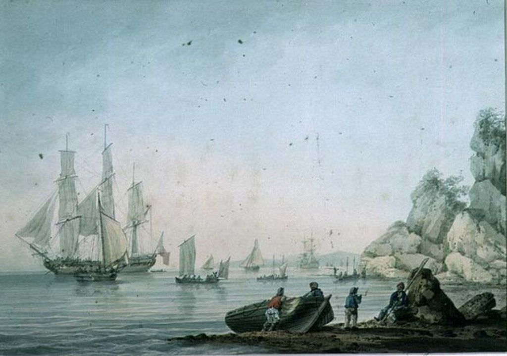 Detail of Marine View, with boat and figures on a shore by Samuel Atkins