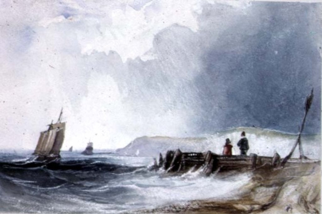 Detail of Coast Scene, with boats and wooden jetty by Charles (follower of) Bentley