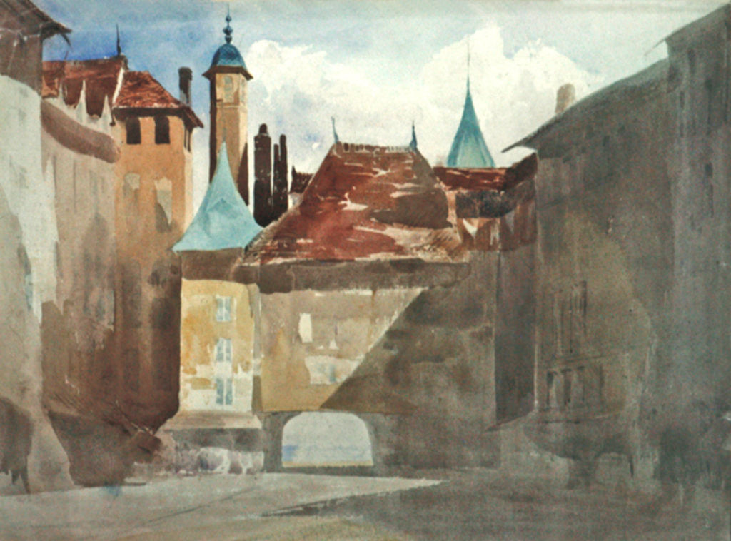 Detail of La Place du Molard, Geneva by Richard Parkes (attr. to) Bonington