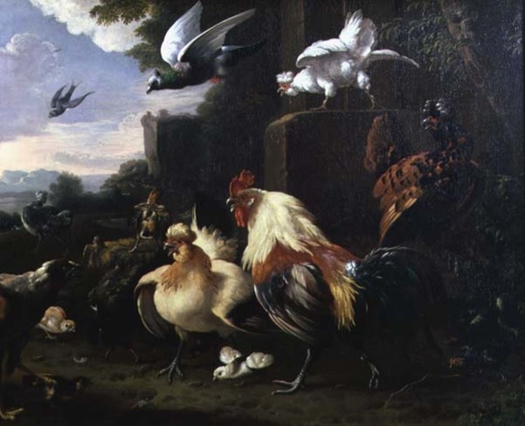 Detail of A cockerel and other fowl in a landscape by Melchior de Hondecoeter
