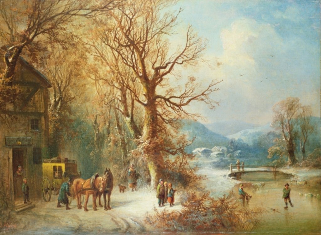 Detail of Coach and Horses in a Snowy Landscape by Guido Hampe