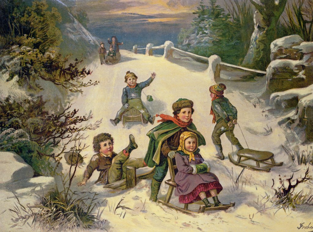 Detail of Sledging & Snowballing, 19th century by Greben