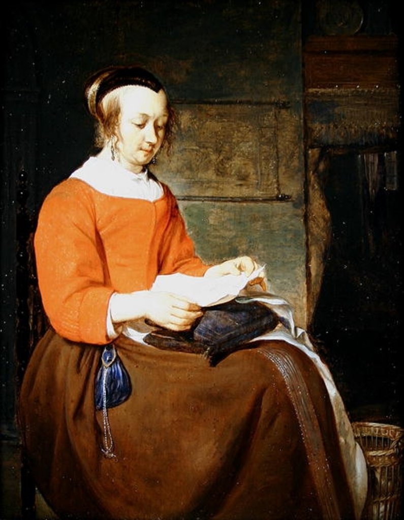 Detail of A young woman seated in an interior, reading a letter by Gabriel Metsu