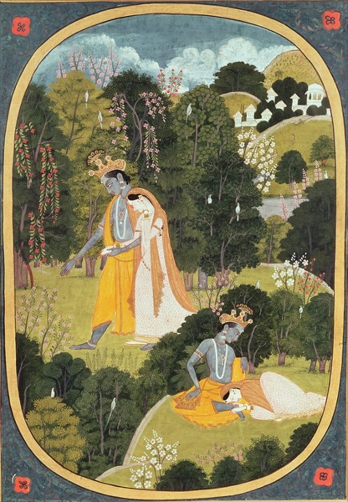 Detail of Radha and Krishna walking in a grove, Kangra, Himachal Pradesh, 1820-25 by School Pahari