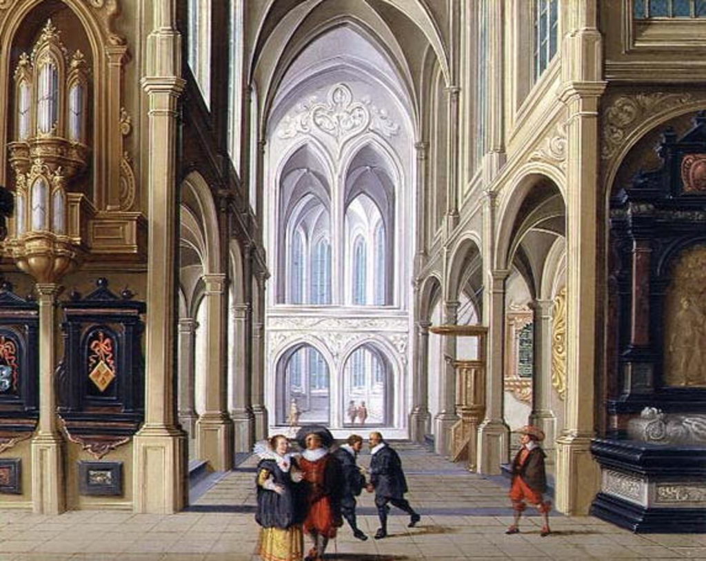 Detail of Elegant Figures in a Gothic Church by Dirck van Deelen