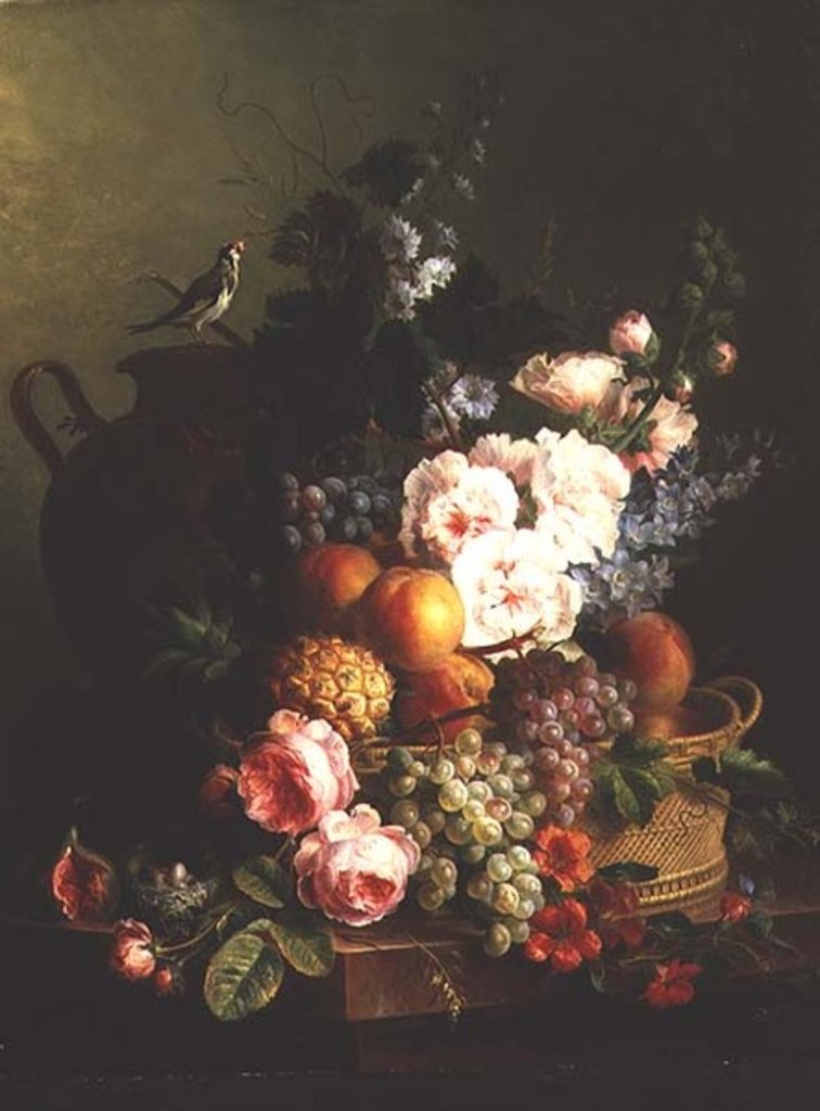Detail of Still Life of Fruits and Flowers in a Wicker Basket on a Ledge. by Cornelis van Spaendonck