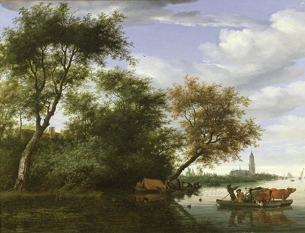Detail of Wooded river landscape with figures and cattle on a ferryboat by Salomon van Ruisdael or Ruysdael