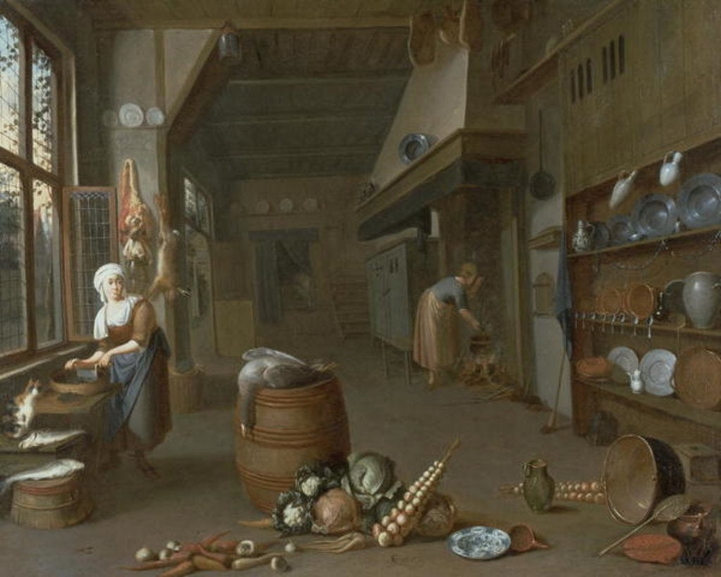 Detail of Kitchen interior with two maids preparing food by Gillis de Winter