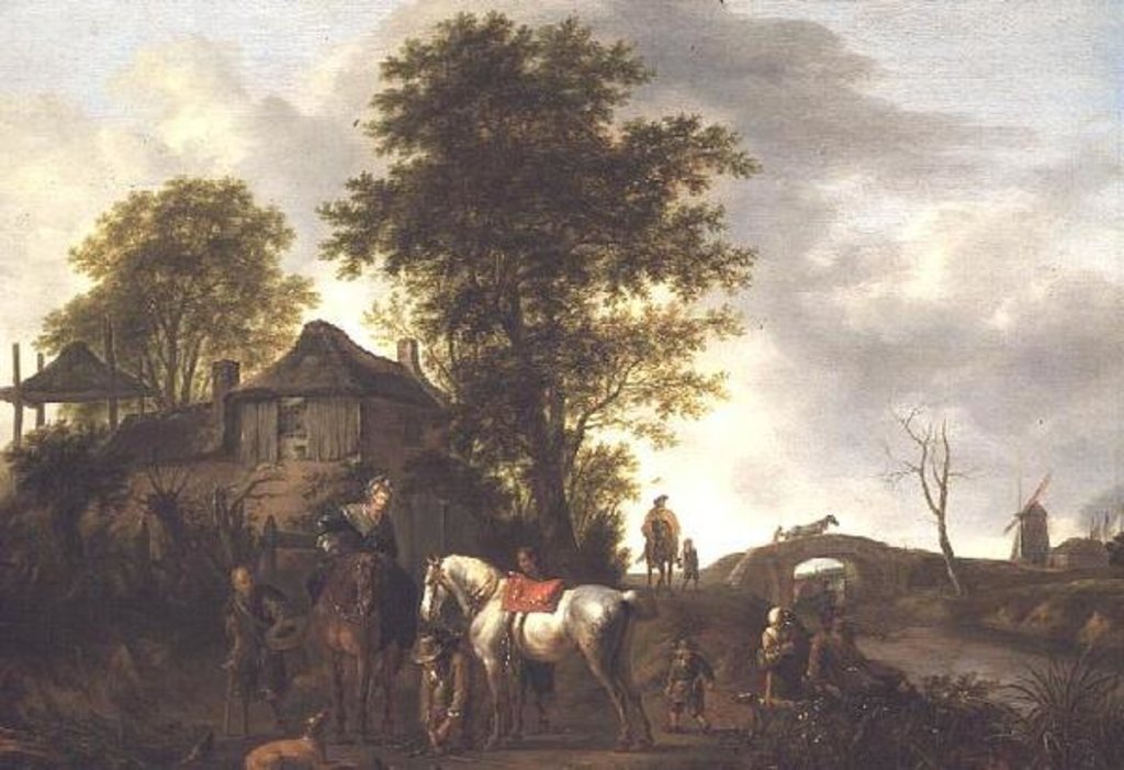Detail of A landscape with a cottage and horsemen by Pieter Wouwermans or Wouwerman