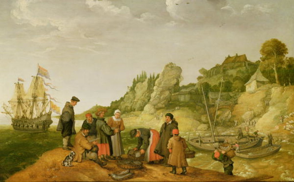 Detail of Fisherman unloading and selling their catch on a rocky shoreline by Adam Willaerts