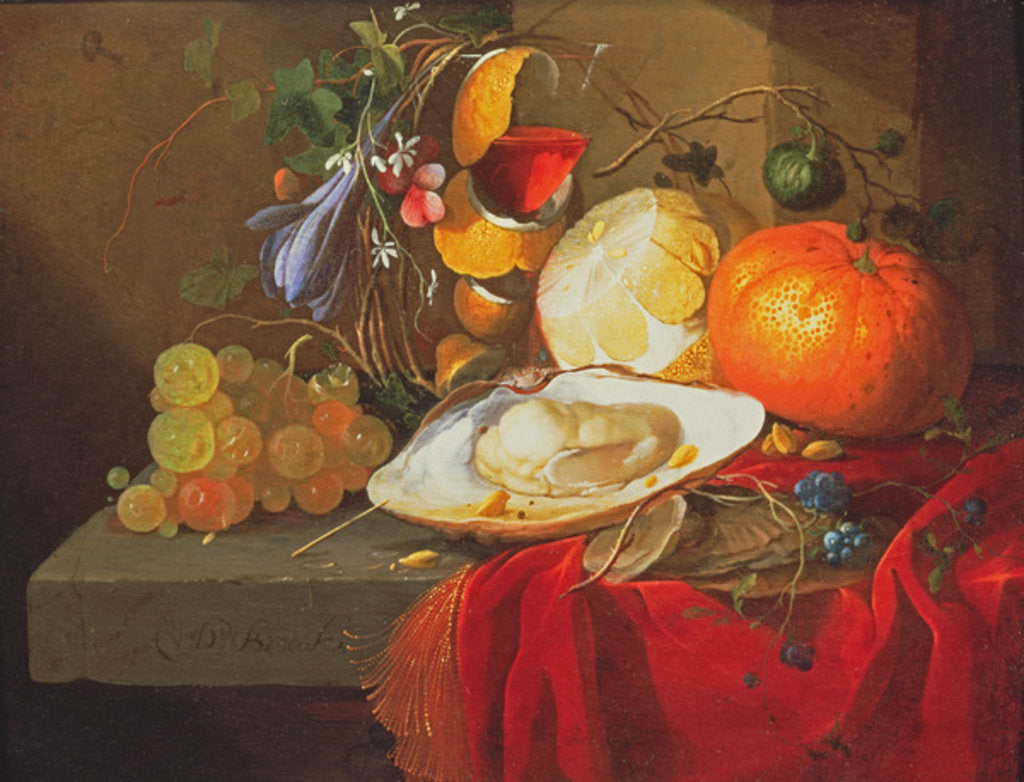 Detail of An oyster, a glass of wine and fruit on a table covered with a red velvet drape by Elias van den Broeck