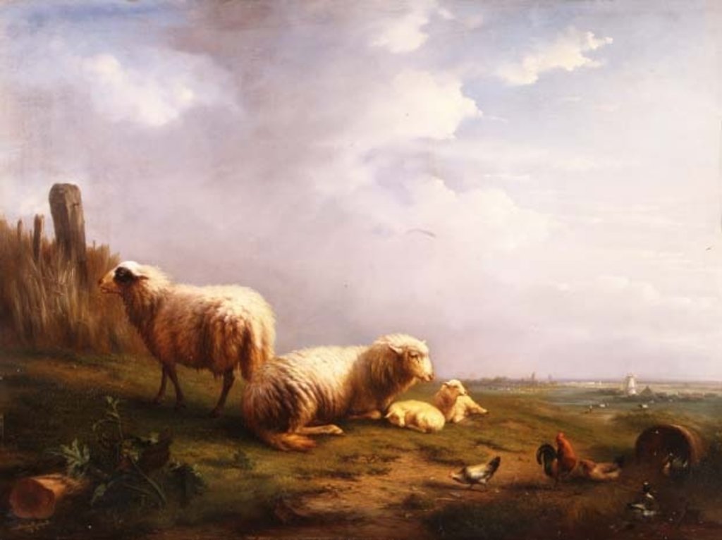 Detail of Sheep and chickens in a landscape, 19th century by Eugene Joseph Verboeckhoven
