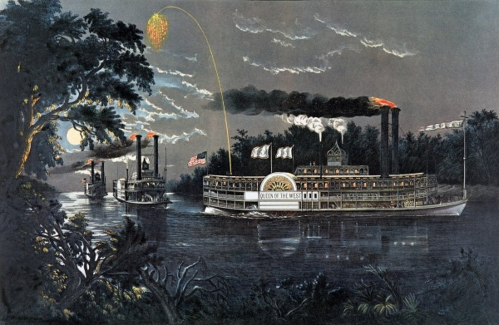 Detail of RL 27835 Rounding a Bend on the Mississippi Steamboat Queen of the West by N. and Ives J.M. (1824-95) Currier