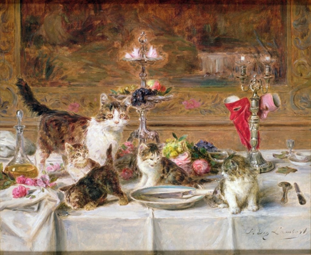 Detail of Kittens at a banquet, 19th century by Louis Eugene Lambert