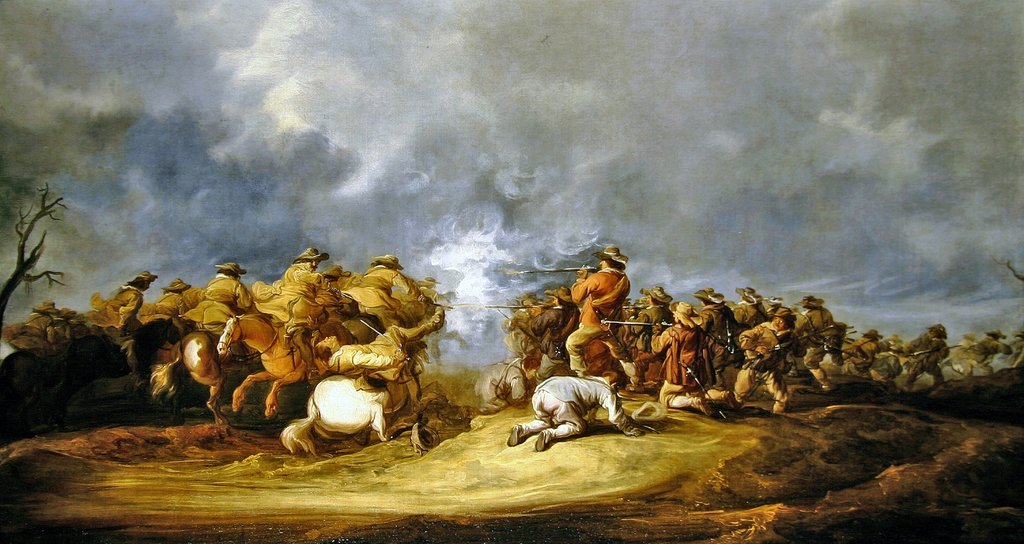 Detail of A Calvary Charge: mounted troops attacking a musket block by Benjamin Gerritsz. Cuyp