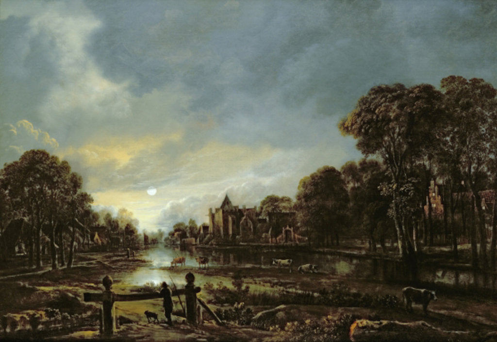 Detail of Moonlit River Landscape with Cottages on the Wooded Banks by Aert van der Neer