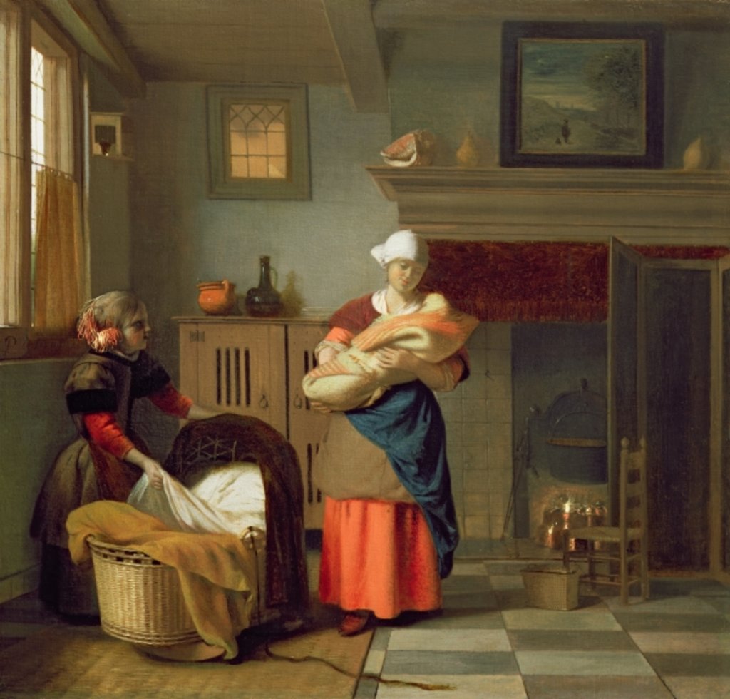 Detail of Nursemaid with baby in an interior and a young girl preparing the cradle by Pieter de Hooch