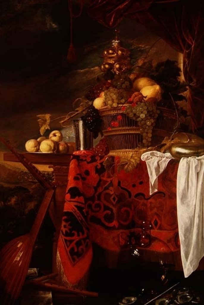 Detail of A Basket of Mixed Fruit with Gilt Cup, Silver Chalice, Nautilus, Glass and Peaches on a Plate by Jan Davidsz de Heem