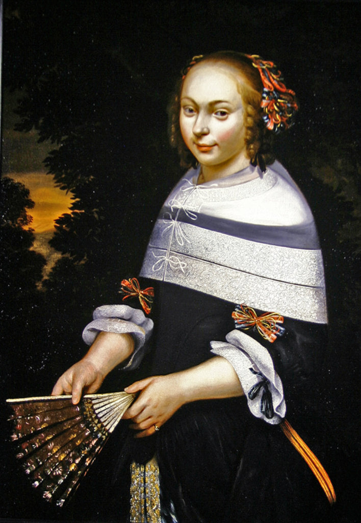 Detail of A portrait of a young girl holding a fan, a landscape beyond, c.1650 by Friesian School
