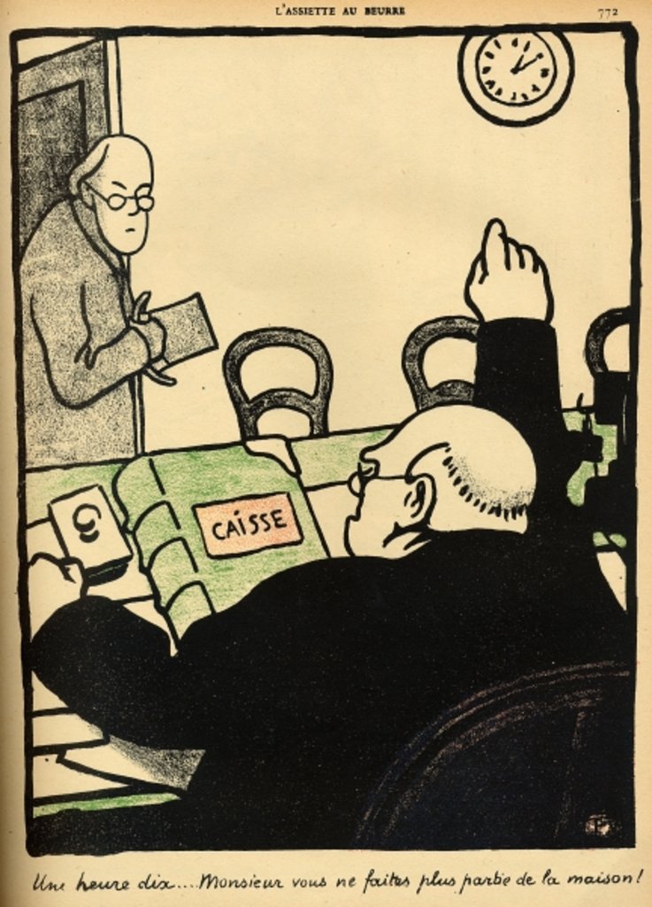 Detail of An employer sacks one of his employees by Felix Edouard Vallotton