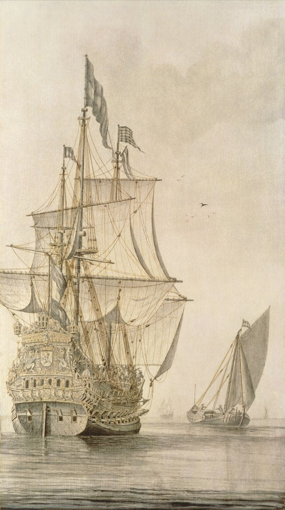 Detail of A Man-o'-war under sail seen from the stern with a boeiler nearby by Cornelius Bouwmeester