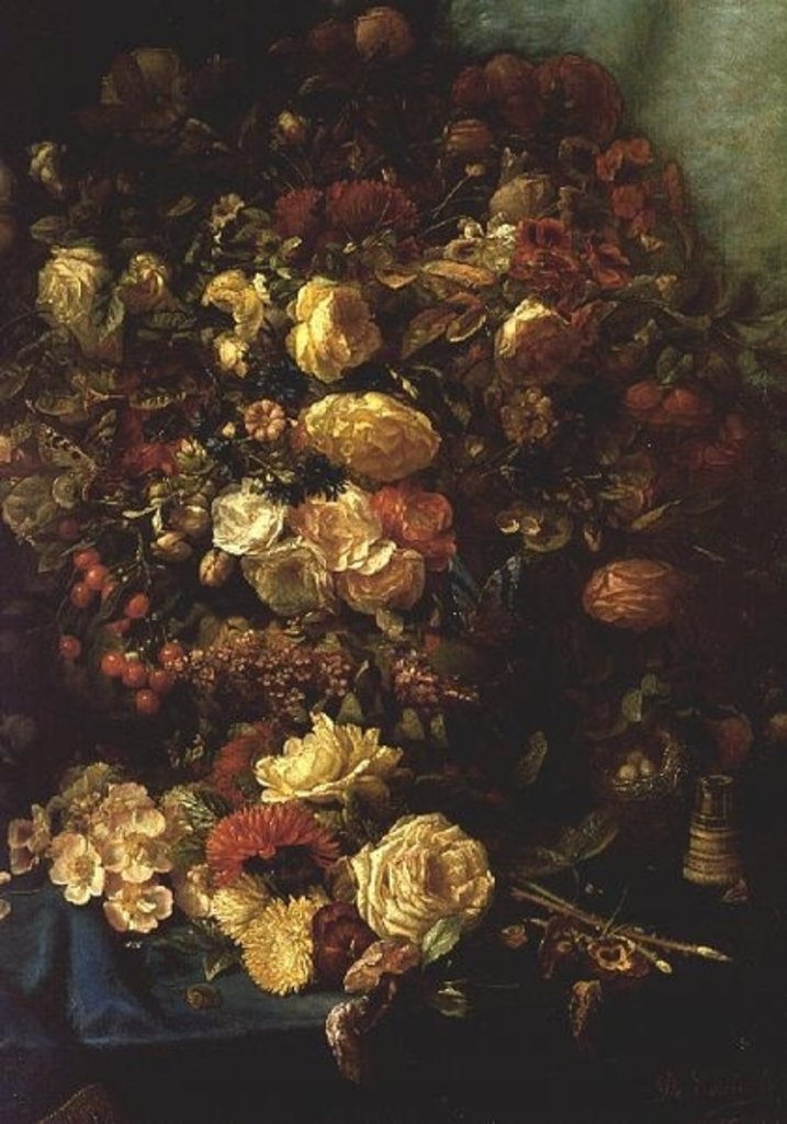 Detail of Still Life of Flowers on a Ledge with Birds Nest, 1884 by Pierre-Louis de Coninck