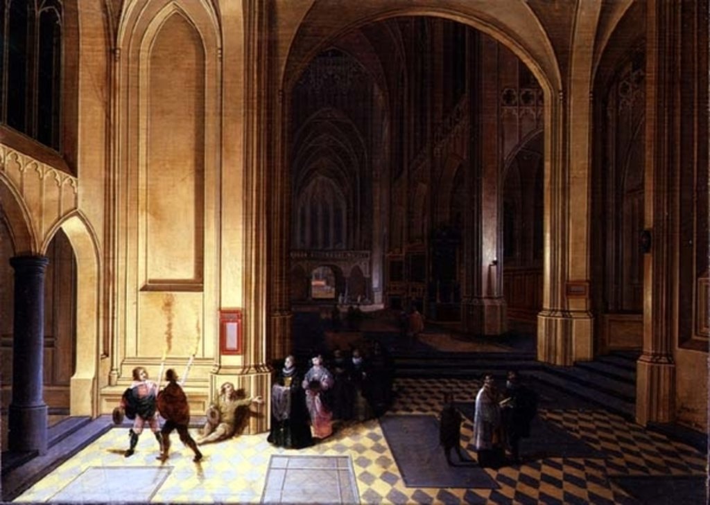 Detail of Interior of a cathedral with a beggar and other figures by Pieter the Elder Neeffs