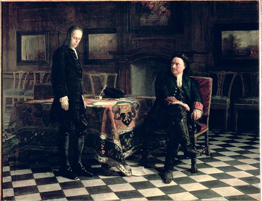 Detail of Peter the Great interrogates Tsarevich Alexei Petrovich at Peterhof, 1871 by Nikolai Nikolaevich (1831-94) Ge