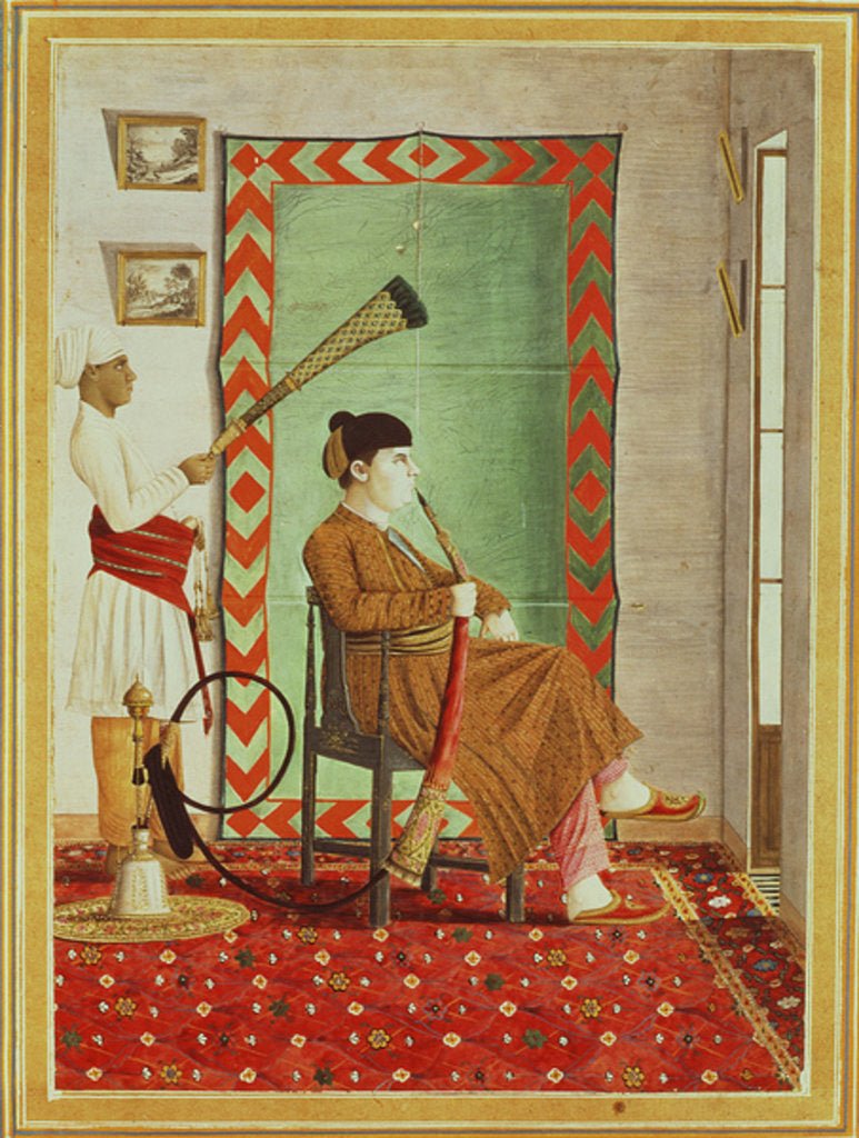 Detail of A portrait of a European gentleman in Indian dress seated before an open window smoking a hookah by Indian School