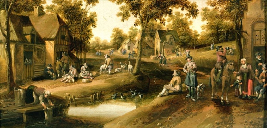 Detail of A Village Scene with Peasants on Banks of a Stream by Cornelius Droochsloot
