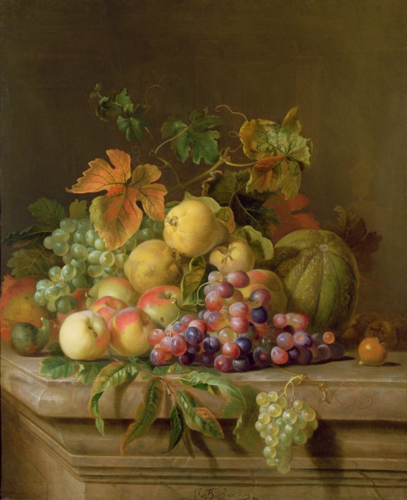 Detail of A Still Life of Melons, Grapes and Peaches on a Ledge by Jakob Bogdani or Bogdany