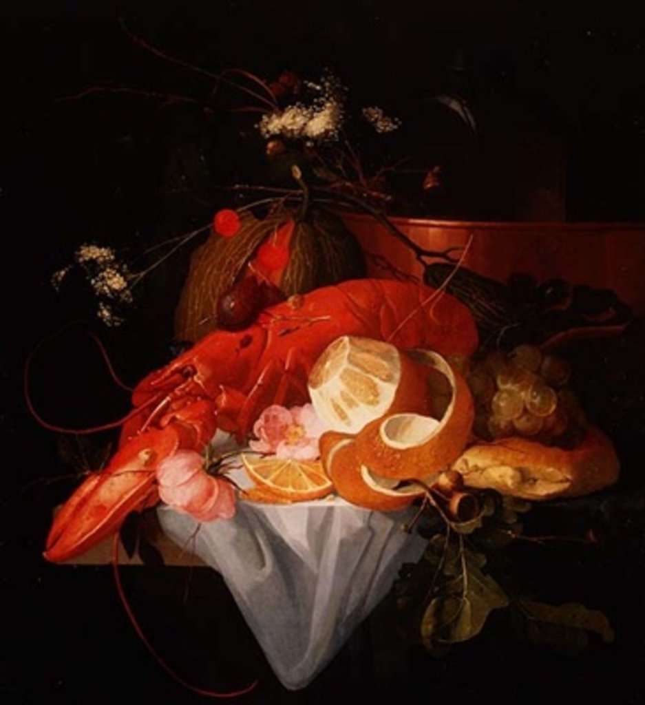 Detail of A Still Life with Lobster, Lemon and Grapes by Elias van den Broeck