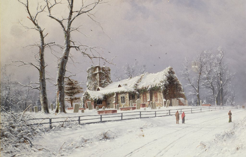 Detail of Winter Scene with Figures on a Path near a Church by Nils Hans Christiansen