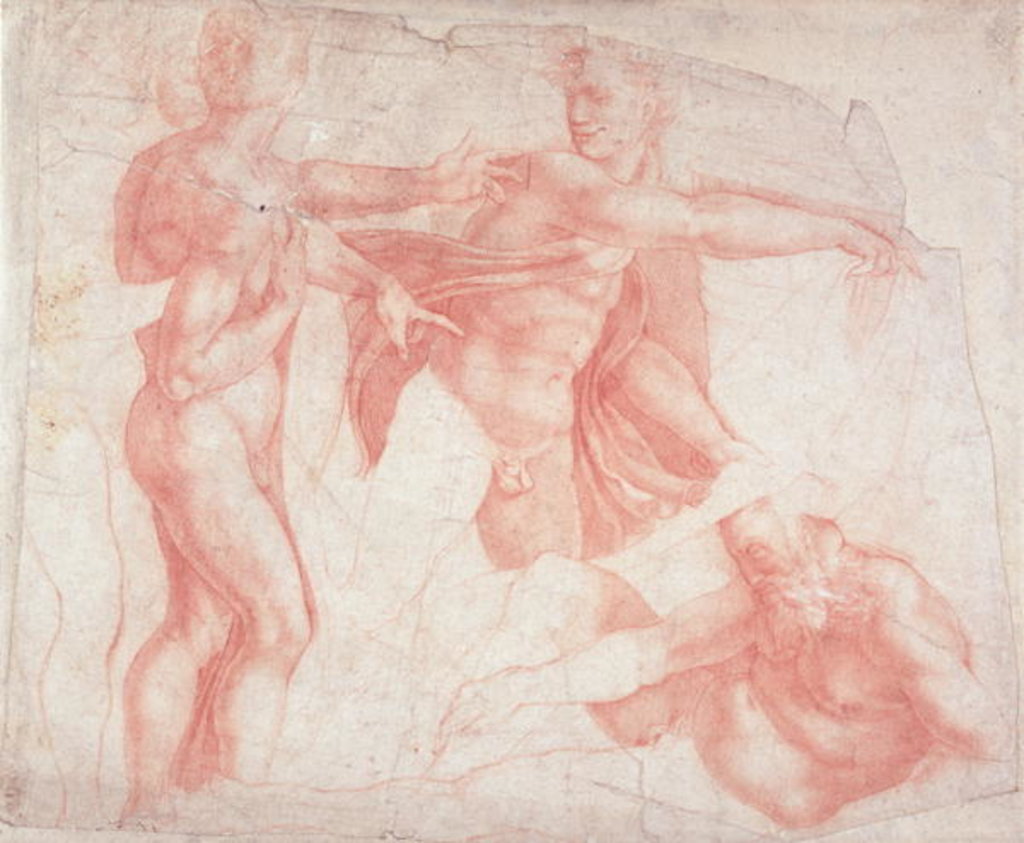 Detail of Studies of Male Nudes by Michelangelo (after) Buonarroti